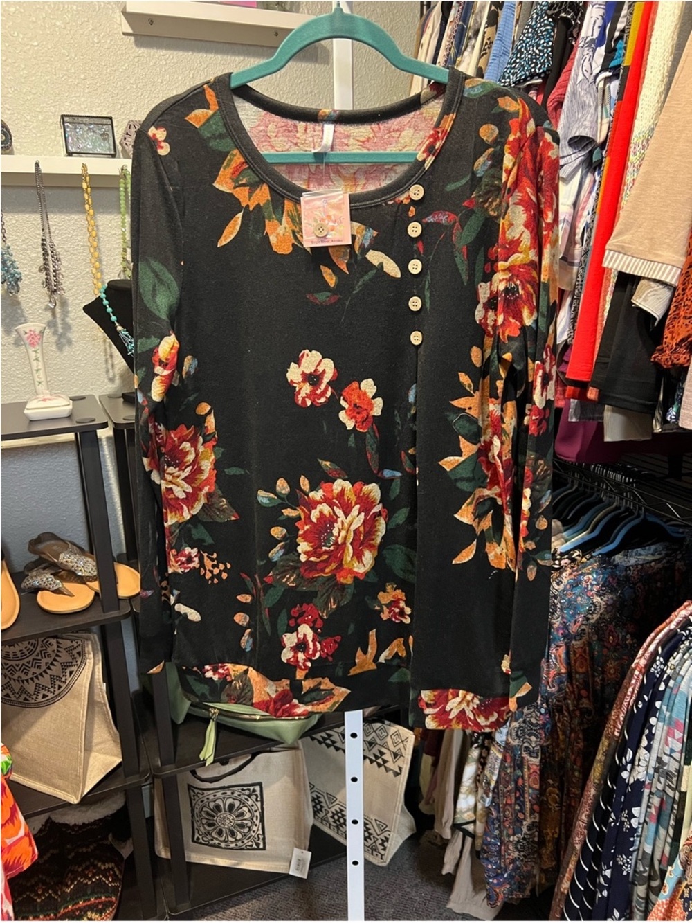 Black Floral Long-Sleeve Top - Button Accent